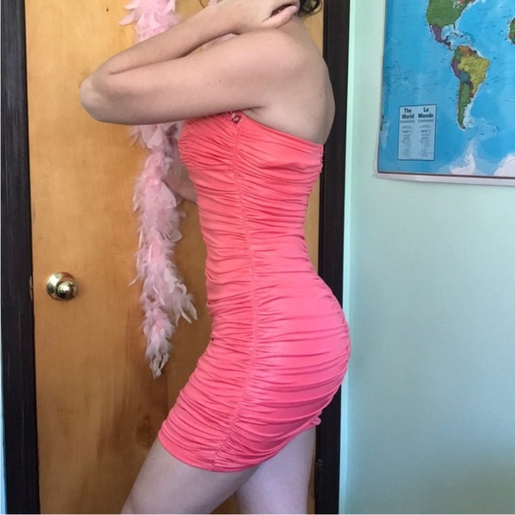 Strapless Coral Mini Dress with Embellishments - Picture 3 of 4